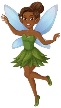 Mavi kanatlı ve yeşil elbiseli neşeli bir perinin ilginç ve sihirli elementleri vurgulayan vektör çizimi