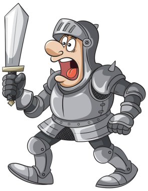 Zırhlı komik bir karikatür şövalyesi, elinde bir kılıç, ifade edici bir yüzü var. Canlı renkler ve kalın hatlar
