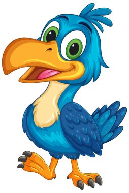 Gülümseyen mavi boynuz gagasının canlı vektör çizimi. Büyük gözleri ve renkli tüyleri olan neşeli bir poz.