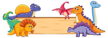 Boş bir tahta işareti çevreleyen neşeli dinozorların canlı vektör çizimi. Parlak renkler ve kaprisli tarz görsel cazibeyi artırır