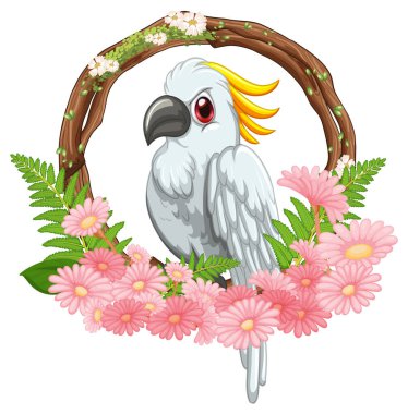 Pembe çiçekler ve ahşap çelenklerle çevrili papağan kuşu tasviri
