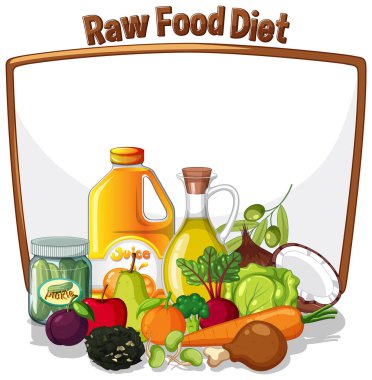 Sebzeler, meyveler ve yağlar da dahil olmak üzere ham gıda ürünlerinin canlı vektör çizimi. Parlak renkler ve temiz bileşim cazibeyi artırır