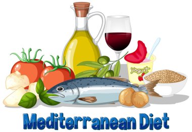 Akdeniz diyet malzemelerinin, balık, zeytinyağı ve sebzelerin vektör çizimi. Parlak renkler ve detaylı kompozisyon cazibesini artırır