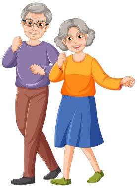 Yürüyen, canlı renkler sergileyen yaşlı bir çiftin büyüleyici vektör çizimi ve neşeli bir çizgi film tarzı.