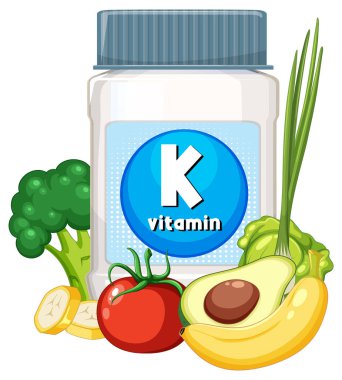 Avokado, domates, brokoli, muz, marul ve yeşil soğanla kaplı K vitamini takviye şişesinin vektör çizimi