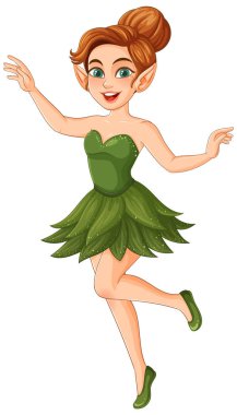 Kızıl saçlı, yeşil elbiseli, kaprisli, çekici bir peri. Parlak renkler ve düz vektör çizgileri büyülü temayı güçlendirir