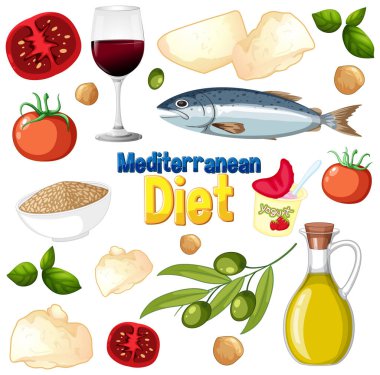 Akdeniz diyet gıdalarının balık, sebze ve zeytinyağı ile renklendirilmiş vektör çizimi. Parlak, temiz kompozisyon ve canlı renkler.