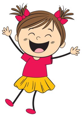 Saçları örgülü, kırmızı bluzlu ve sarı etekli gülümseyen bir kızın neşeli vektör çizimi. Basit, canlı bir tasarım.
