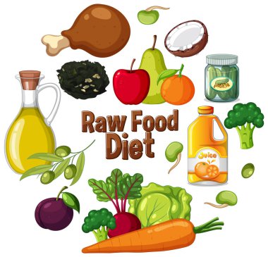 Meyveler, sebzeler ve yağlar da dahil olmak üzere ham gıdaların canlı vektör çizimi. Parlak renkler ve temiz bileşim görsel cazibeyi artırır