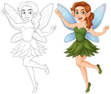 Yeşil elbiseli, mavi kanatlı, neşeli ifadeli ve dinamik pozlu canlı bir peri çizimi.