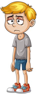 Sarı saçlı, yırtık pırtık kıyafetler ve kırmızı spor ayakkabılar giyen üzgün bir çocuğun beyaz bir arka plana karşı vektör çizimi.