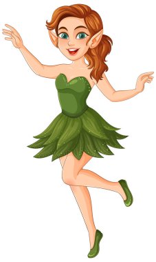 Kızıl saçlı ve yeşil elbiseli çekici peri, canlı poz, canlı renkler, garip bir tarz, fantezi temalar için mükemmel.