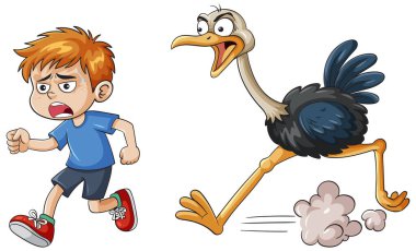 Hızlı koşan bir devekuşundan kaçan bir çocuğun komik bir temsili. Parlak renkler ve abartılı ifadeler komedi etkisini artırır