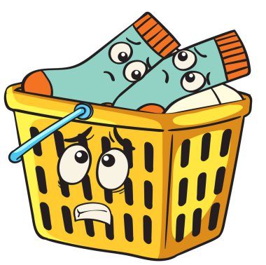 Çizgi film çamaşır sepetinin etkileyici çoraplarla gösterimi. Parlak renkler ve oyuncu stil kaprisli temayı güçlendirir
