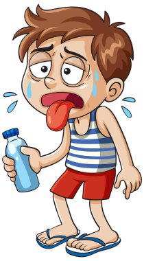 Terli, susamış, elinde su şişesi tutan, yaz kıyafetleri giyen, abartılı ifadeleri olan bir çocuğun vektör çizimi.