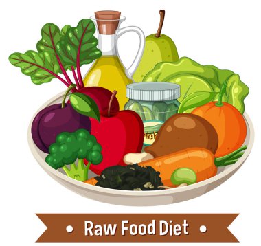 Canlı sebzeler ve meyvelerle dolu çiğ gıda diyet kasesinin vektör çizimi, sağlıklı beslenme ve doğal malzemeleri vurguluyor.