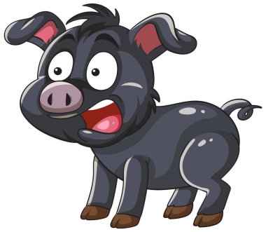 Geniş gözlü, şaşkın bakışlı, cesur renkleri ve pürüzsüz çizgileri olan bir domuzun oyuncu temsili çizimi.