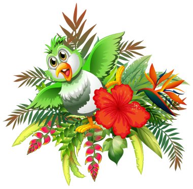 Canlı tropikal çiçekler ve yemyeşil yapraklar arasında tünemiş renkli bir kuş.