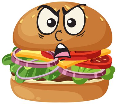 Marul, domates, soğan ve peynirli çizburgerin vektör çizimi, cesur bir çizgi film tarzında dışavurumcu sinirli bir yüz içeriyor.