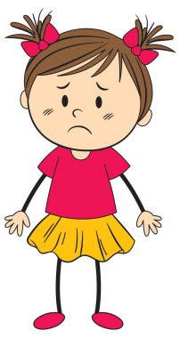 Saçları örgülü, kırmızı bluzlu ve sarı etekli üzgün küçük bir kızın vektör çizimi. Basit, renkli çizgi film tarzı