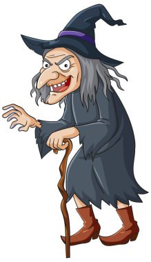 Siyah bir cübbe ve şapka giymiş bastonlu bir cadının garip bir şekilde çizilmiş vektör çizimi.