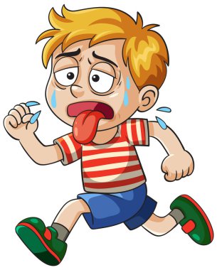 Çizgi filmlerde koşan yorgun bir çocuğun çizgili gömleği ve şortuyla bol bol terlediği resmedilmiş.