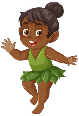 Yeşil yaprak elbise içinde, neşeli renkler ve neşeli bir stil sergileyen gülümseyen bir peri çocuğunun büyüleyici vektör çizimi