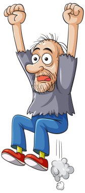 Dağınık kolları olan, havada zıplayan, açık gözlü ve ağzı açık cesur çizgiler ve parlak renkler kullanan dağınık bir adamın vektör çizimi.