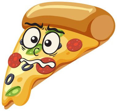Canlandırılmış yüz hatları, geniş gözleri ve endişeli bir ifadesi olan pizza diliminin vektör çizimi. Parlak renkler ve temiz hatlar oyuncu biçimi geliştirir