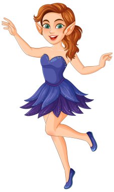 Canlı mor elbisesi ve neşeli duruşuyla büyüleyici bir peri. Parlak renkler ve detaylı tasarım sihirli temayı geliştirir