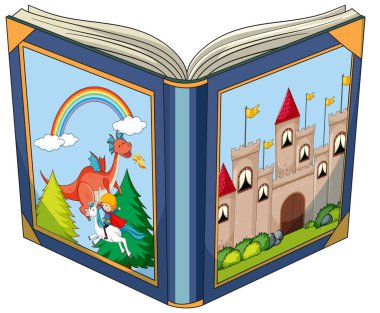 At sırtında bir şövalye, ejderha, gökkuşağı ve karikatür tarzında bir ortaçağ kalesini gösteren açık bir hikaye kitabının renkli çizimi.