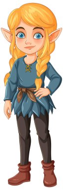 Sarı örgülü, mavi tunik ve kahverengi çizmeli, neşeli duruşu olan genç bir elfin vektör çizimi.