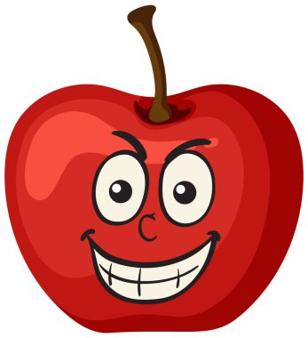 Zararlı çizgi film yüzü, cesur hatları, abartılı sırıtışı ve beyaz arkaplanda neşeli bir ifadeyle parlak kırmızı bir elmanın vektör çizimi.