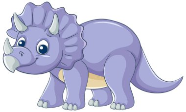 Sevimli mor triceratops, neşeli bir ifade ile, düz çizgiler ve çizgi film tarzında canlı renkler