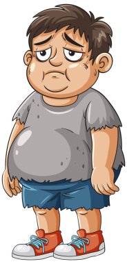 Üzüntüsünü ifade eden, yırtık kıyafetler giyen üzgün bir çocuğun karikatür çizimi. Canlı renkler ve detaylı karakter tasarımı