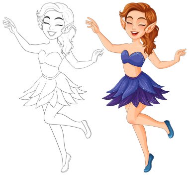 Mor elbiseli neşeli bir perinin renkli vektör çizimi, oyuncu hareketler ve kaprisli bir stil sergiliyor.