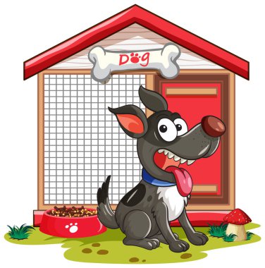 Mavi yakalı oyuncu çizgi film köpeği kırmızı köpek kulübesi, yemek kasesi ve mantarın önünde oturuyor. Parlak, renkli vektör tarzıyla yapılmış.