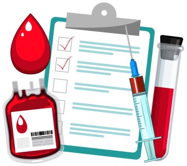 Panodaki kan torbası, şırınga, test tüpü ve kontrol listesinin vektör çizimi. Düz biçim, temiz çizgiler ve parlak renkler tıbbi ve laboratuvar bağlamını vurguluyor