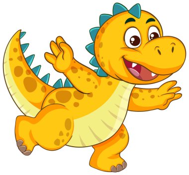 Parlak renkleri ve dinamik duruşu olan oyuncu dinozor çizimi. Çocuk medyası ve eğitim materyalleri için ideal