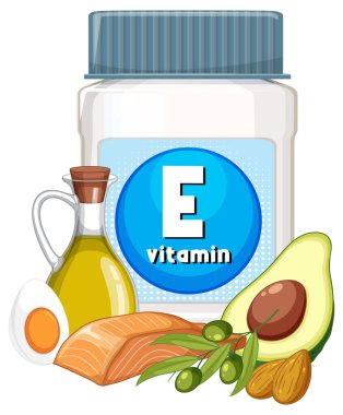 Somon, avokado, zeytin yağı, yumurta, badem ve parlak renkli zeytinlerle çevrili E vitamini takviye şişesinin vektör çizimi