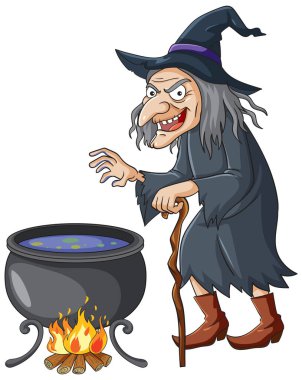 Bir çizgi film cadısı, ateşin üzerinde fokurdayan bir kazanı karıştırıyor. Canlı renkler ve kaprisli tarz büyülü temayı güçlendirir