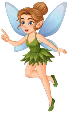 Mavi kanatlı, yeşil elbiseli tuhaf bir peri çizimi. Canlı renkler ve neşeli ifade büyülü temayı geliştirir