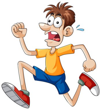 Abartılı ifadeleri olan, panik içinde koşan cesur renkler ve hareketli bir çizgi film adamı.