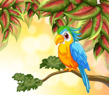 Dalda oturan canlı kuş yemyeşil yapraklarla çevrili.