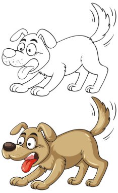 Çizgi film köpeğinin hem renkli hem de ana hatlı vektör çizimi, oyuncu ifadeler ve dinamik pozlar sergiliyor