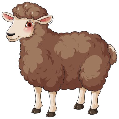 Çizgi film tarzı kahverengi koyun, kalın kıvırcık yün ve beyaz arka planda duruyor. Temiz çizgiler, yumuşak gölgeler ve canlı renkler.