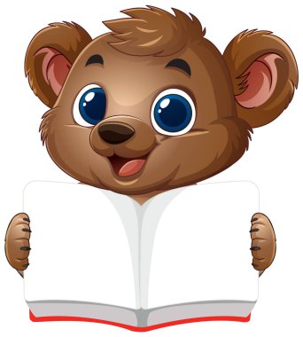 Sevimli ayı açık bir kitap tutuyor, mutlu bir şekilde gülümsüyor.