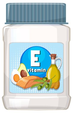 Somon, avokado, yumurta, zeytin yağı, zeytin yağı ve bademlerin temiz, düz bir tarzda vurgulanması, E vitamini takviye şişesi etiketinin vektör çizimi