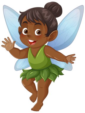 Canlı renklerle büyüleyici bir peri çizimi, mavi kanatları ve yeşil bir elbisesi var. Çocuk kitapları ve eğlenceli tasarımlar için mükemmel.