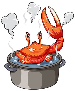 Buharı tüten metal bir tencerede anlamlı yüzlü, canlı renkler ve neşeli çizgi film tarzıyla canlandırılmış bir yengecin vektör çizimi